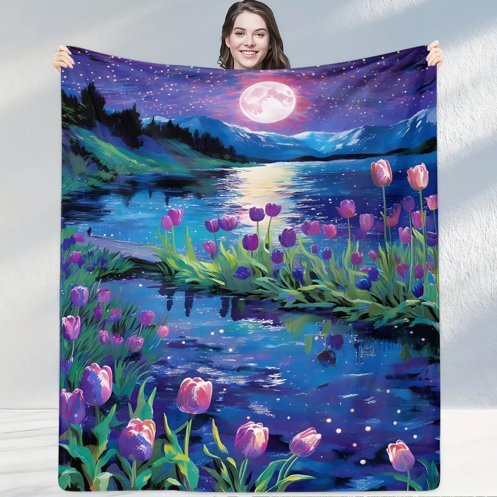 Starry Night Glowing Flower Blanket Magical Style Throw for Rooms Cozy Decor Gift with Luminous Blossoms Creating Tranquil Charm