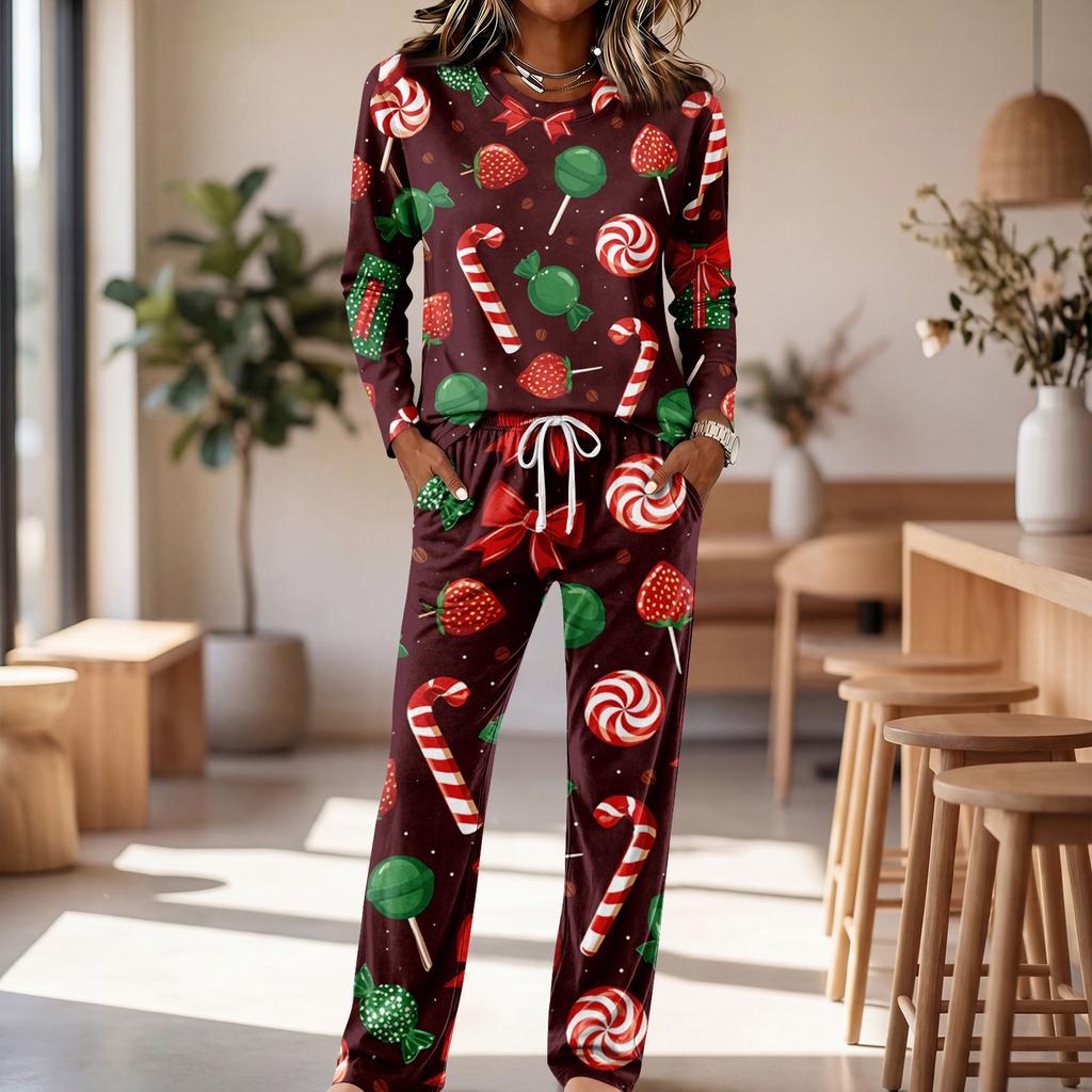 Lässiges Pyjama-Set mit langärmeligem Rundhals-Oberteil und weiter Hose zum Schlafen und