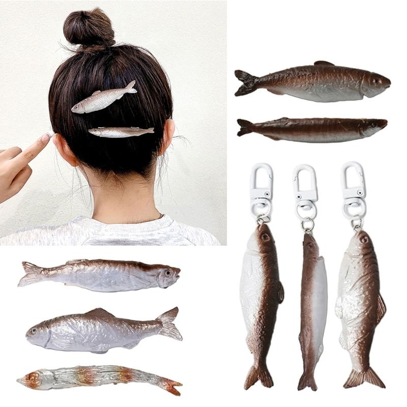 Lovely Creative Dried Fish Keychain Keyring Funny Salted Fish Hairpin Hair Clip