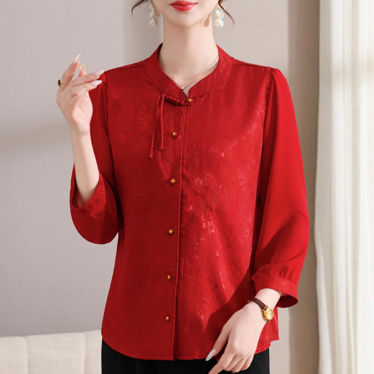 

2026 New Spring Seven-Sleeve Top for Middle-Aged Women - Round Neck Shirt 5XL (150-165 kg) вино красного