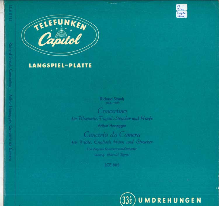 

LP Record STRAUSS, ARTHUR HONEGGER, LOS ANGEL - Concertino / Concerto Da Camera LCE8115 TELEFUNKEN 12 Germany Classical Used