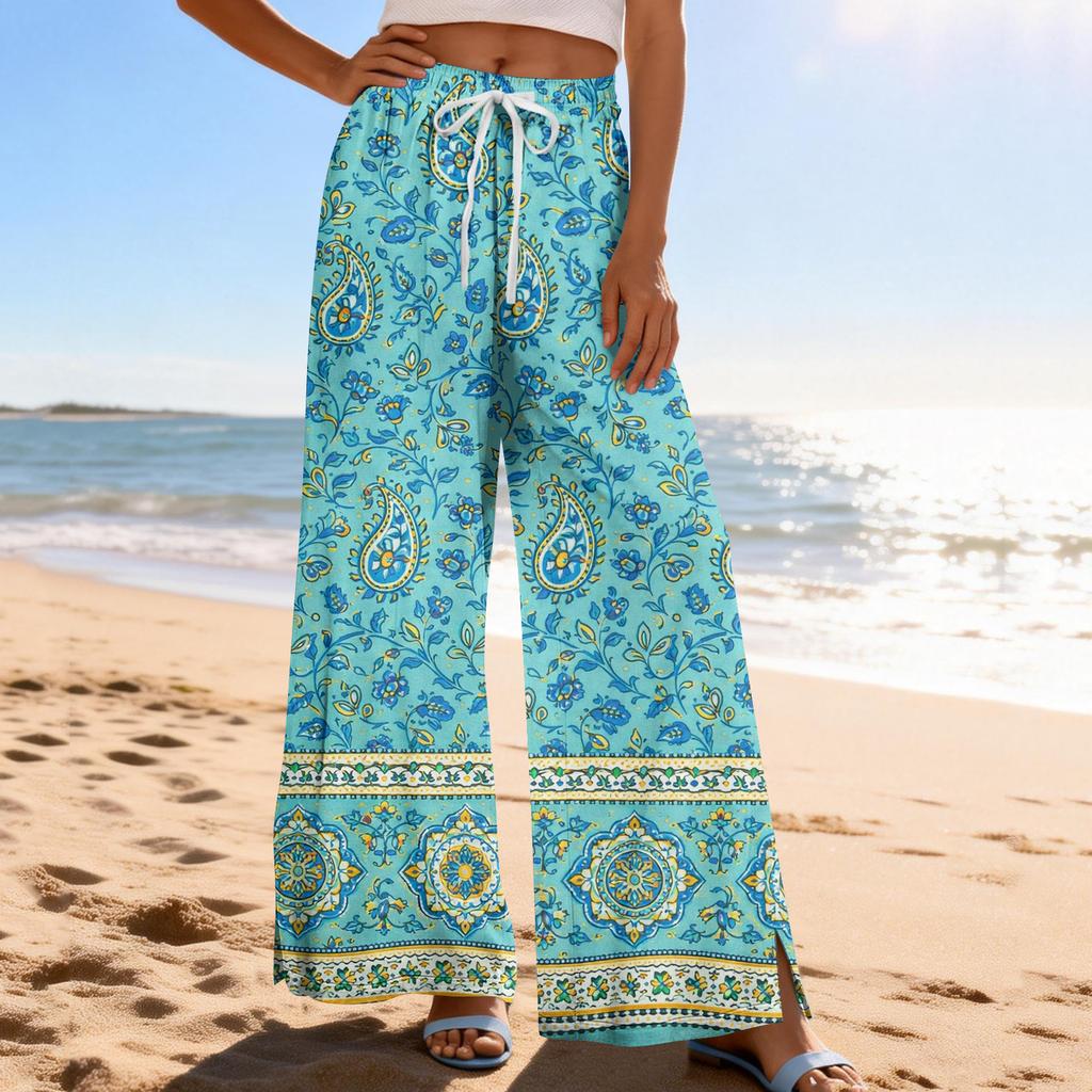 Women Summer Boho Palazzo Pants High Waist Wide Leg Printing Casual Trousers With Pockets