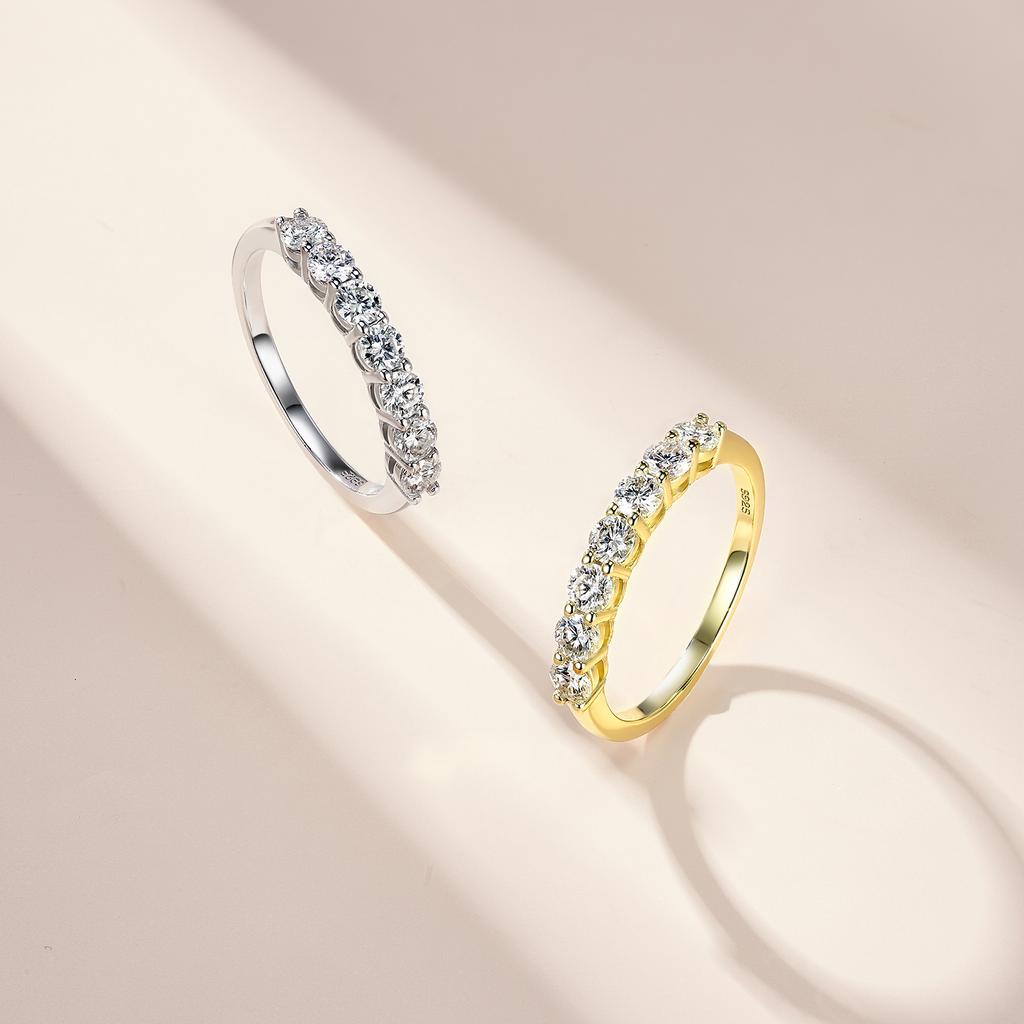 0.7 CTW S925 Sterling Silver Row Moissanite Ring Rhodium & 14K Gold Plated GRA Certified Luxe Wedding or Daily Band