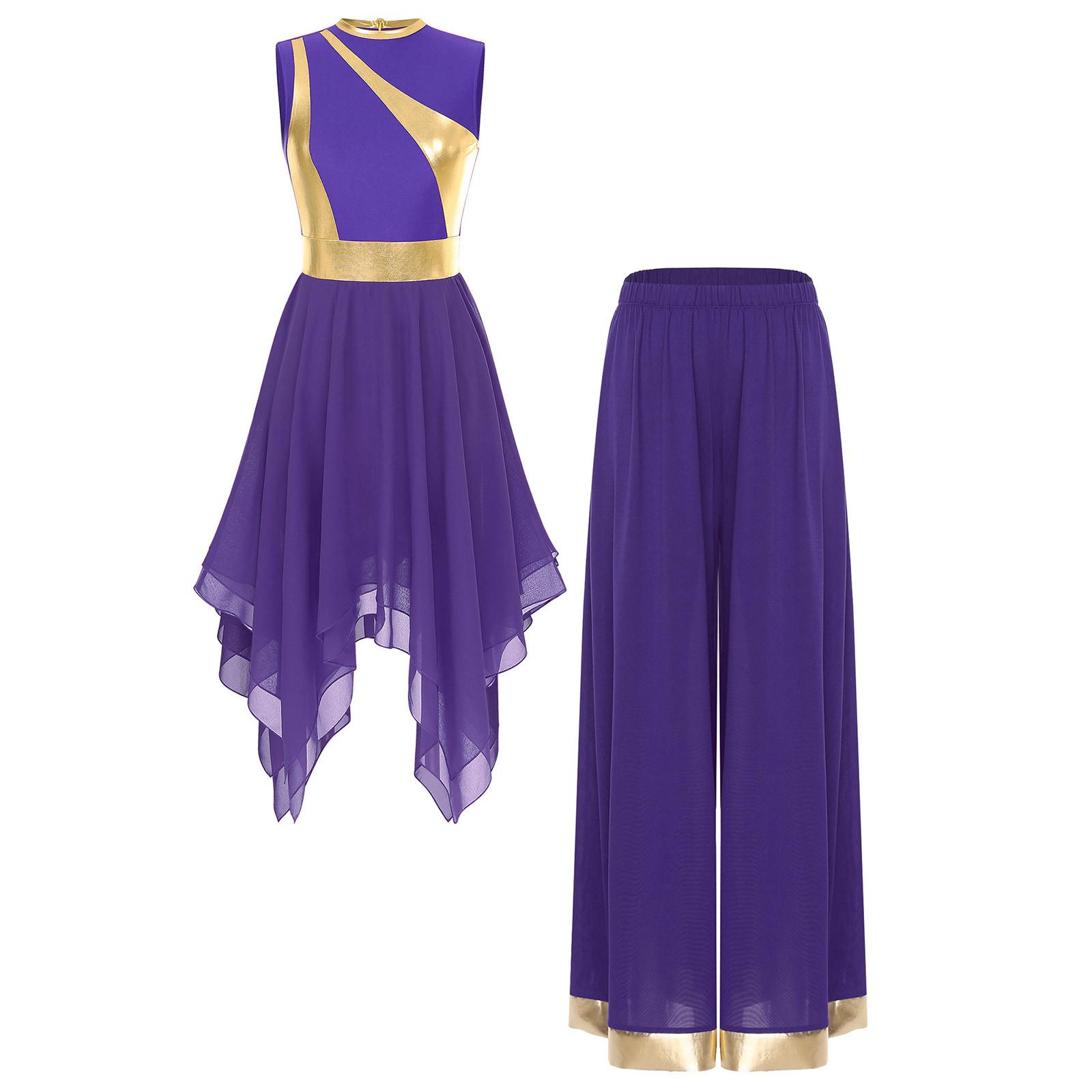

Womens Sleeveless Irregular Hem Praise Dance Dress Wide Leg Pants Worship Performance Set S фіолетовий