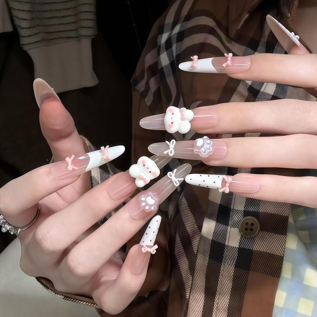 Korean Style Nude Pink 3D Bow False Nails - Milky White Translucent Base for Daily Wear