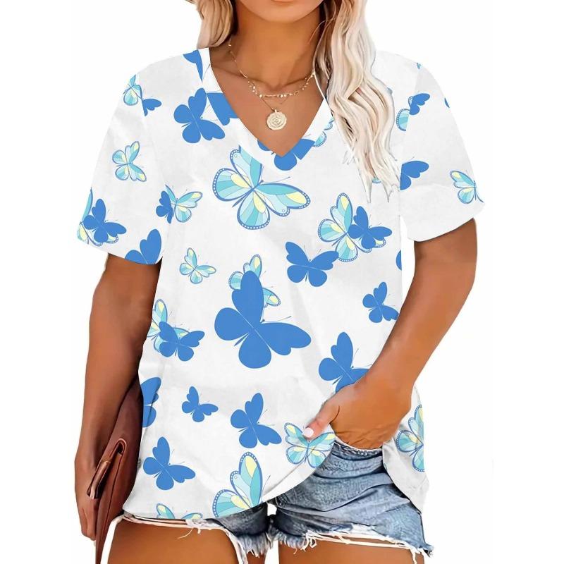 Summer Women 3D Print Plus Size T-shirt V-neck Short Sleeved Loose Casual Top Fashion Women T-shirt Street Wear
