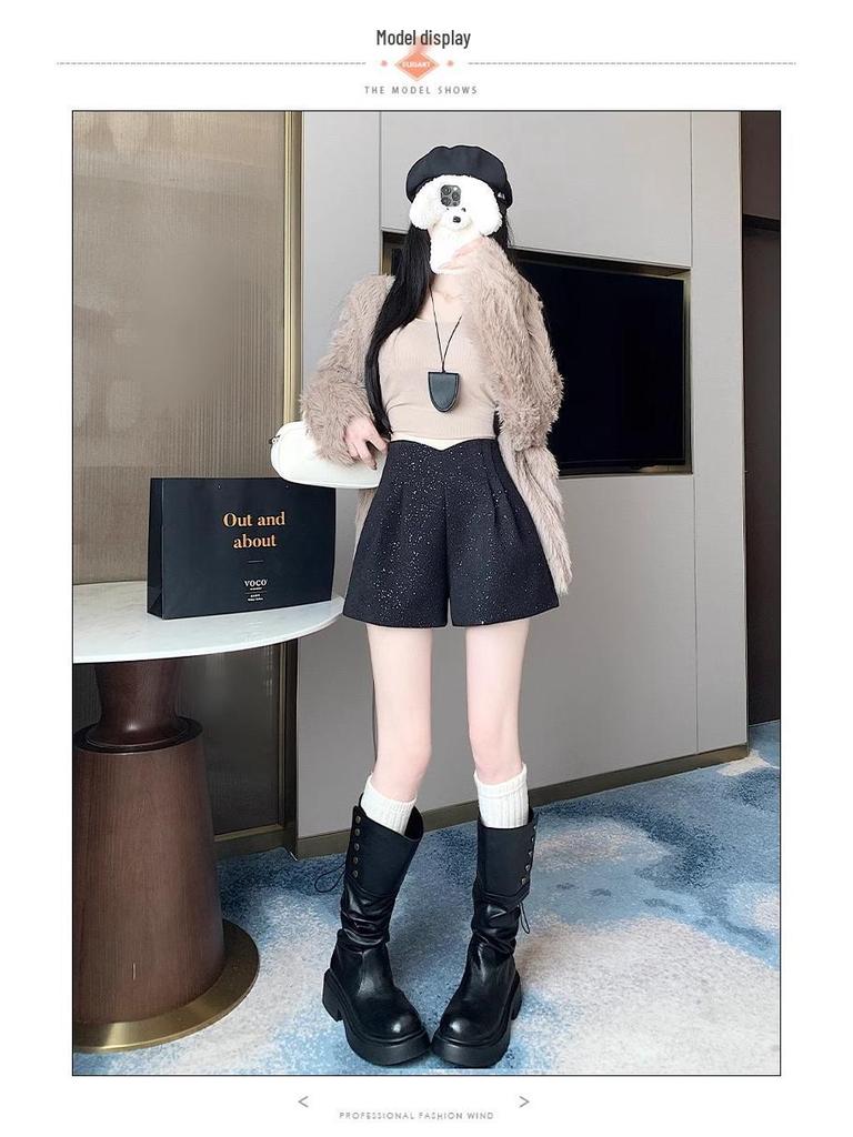 Women's High-Waisted Sequin Tweed Wide-Leg Shorts, Autumn/Winter 2025, Plus Size Slimming Design