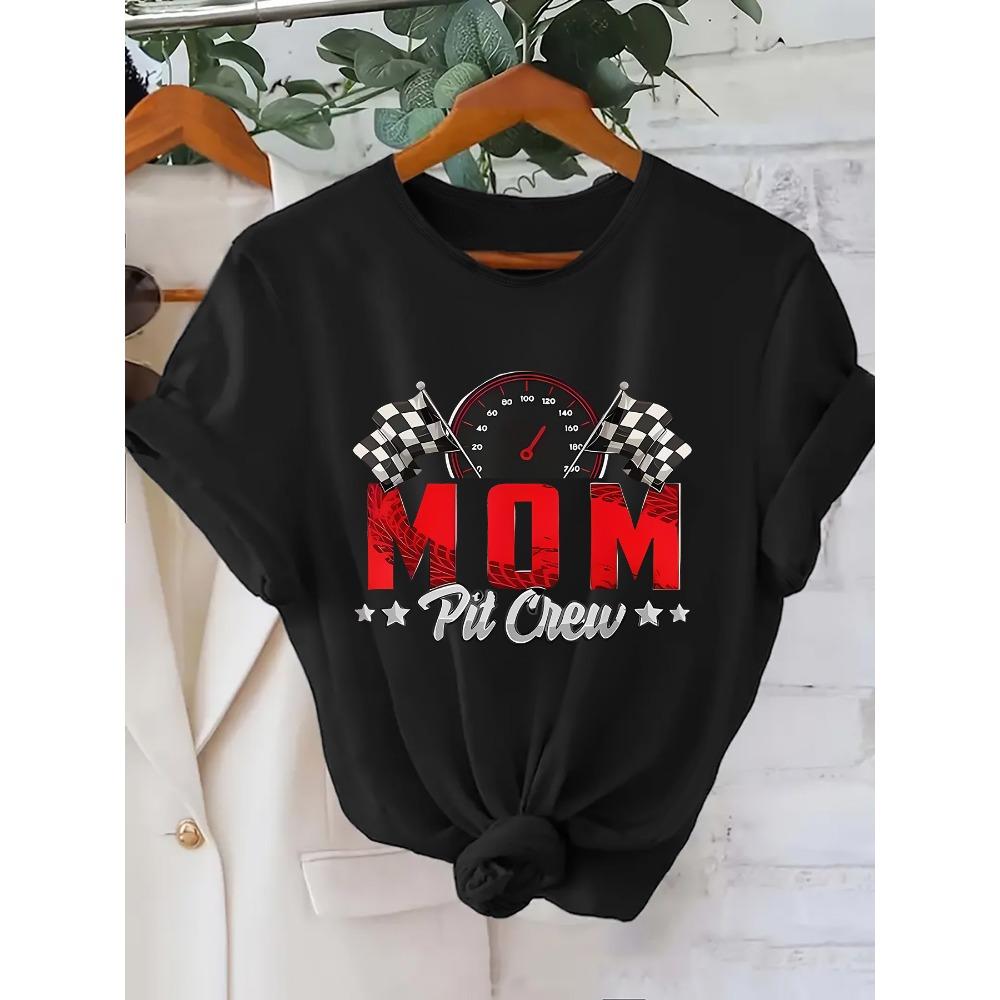 Mom Pit Crew Racing T Shirt Women Race Car Birthday Party Matching Family Short Sleeve Casual Crew Neck Speedometer Top Tee S