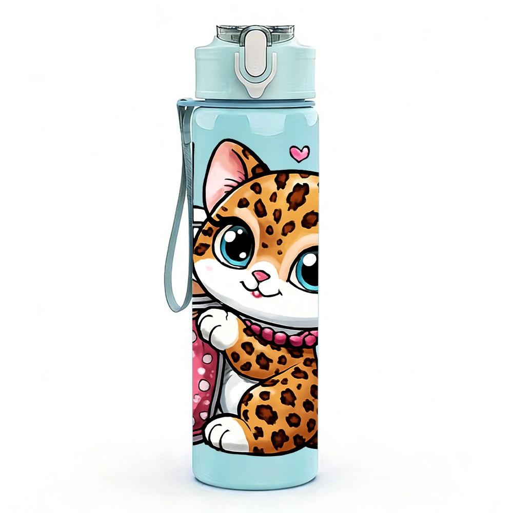 1PC Kitty Cat Drinking Milkshake Print 750ml Color Plastic Sports Water Bottle Leakproof Flip Straw Lid Suitable for Sports Office Home Use