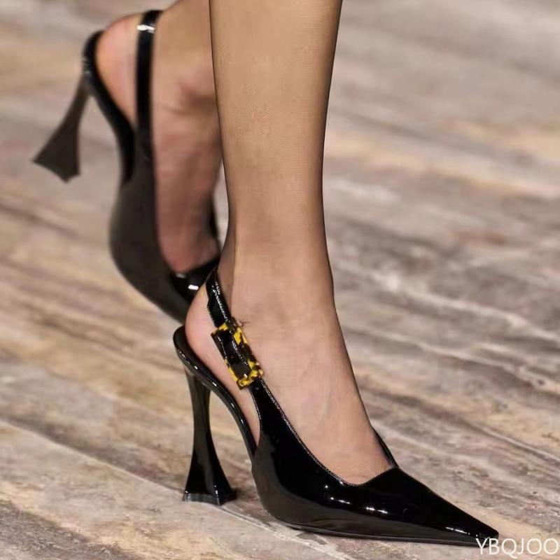 New Women's Baoto Sandals Pointed Back Empty Single Shoe Lacquer Leather Sexy High Heels Black Ladies Slim Heel Shoes Zapatos