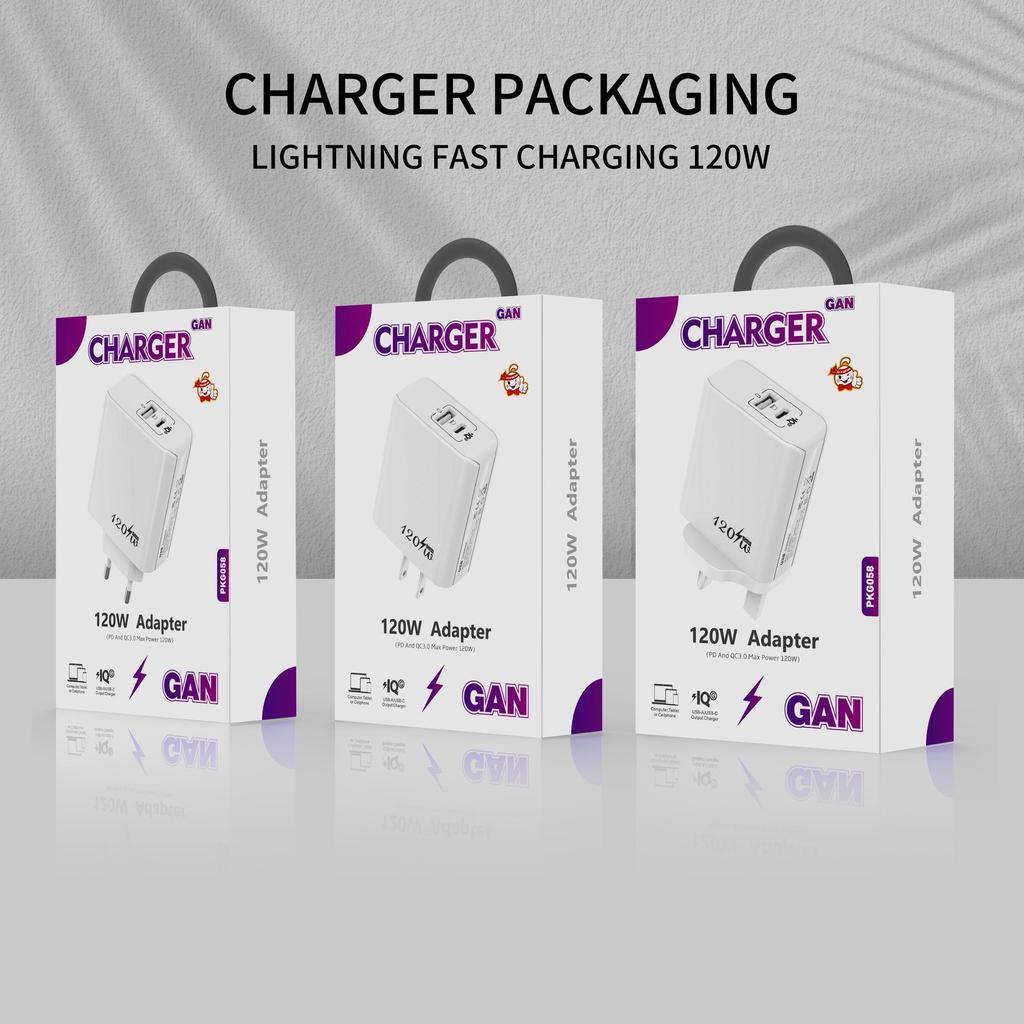 120W GaN Charger with A+C Ports, 65W Output, EU/US/UK Plug for Mobile Devices