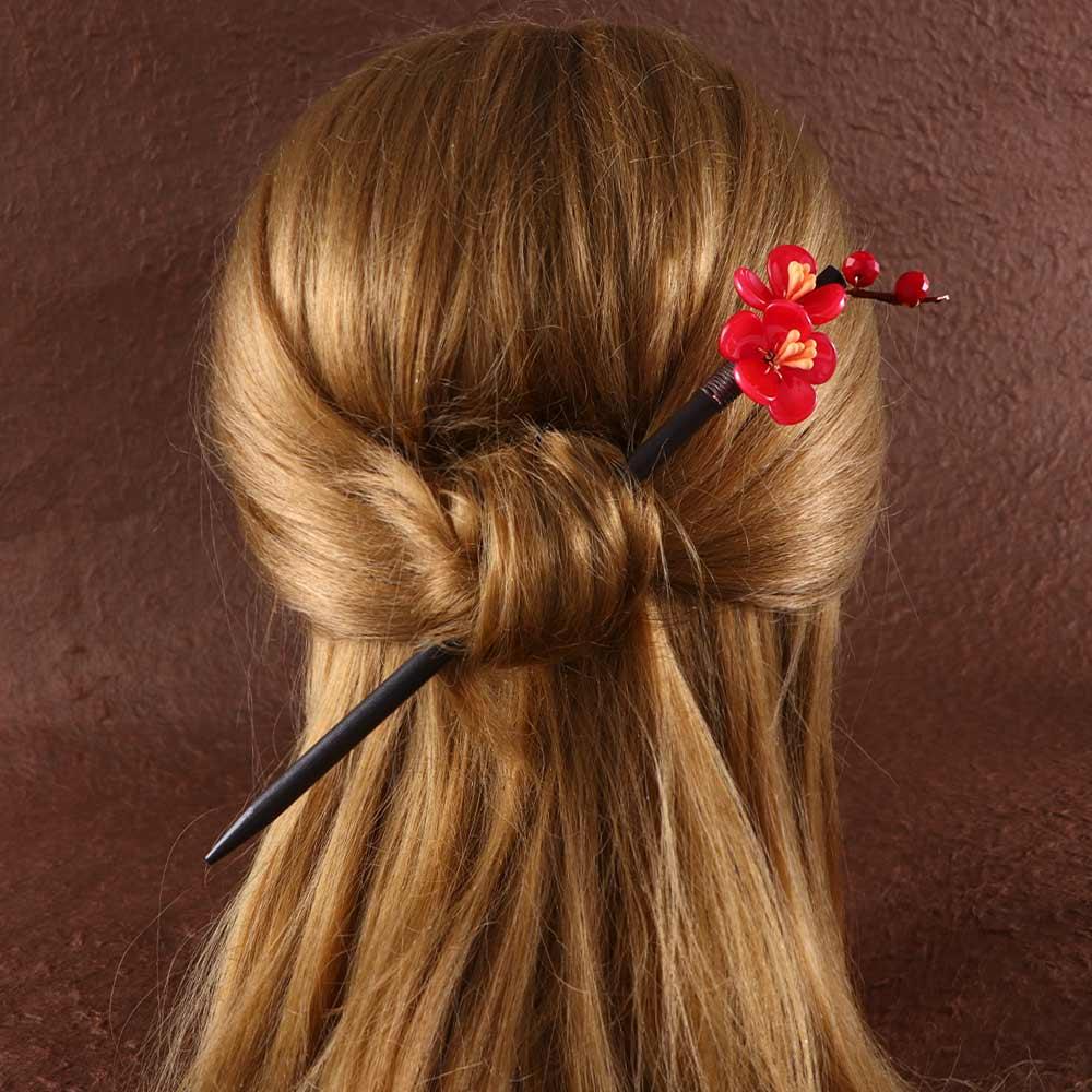 Hanfu Dress 1 Pc Flower Hair Clips Glass Hair Sticks Hair Fork Hairpin Wooden