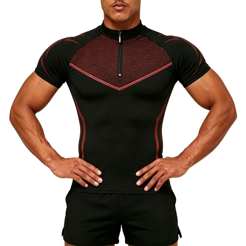 Maglietta da Uomo Casual Atletica con Mezza Zip Asciugatura Rapida Elastica Vestibilità Slim per Corsa all'Aperto Allenamento in Palestra