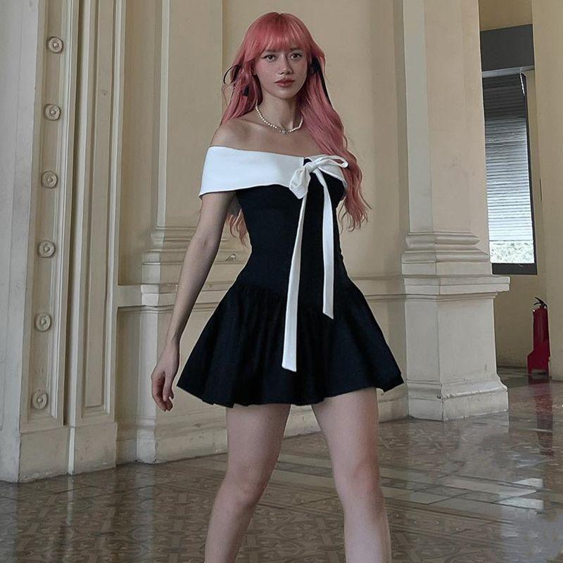 

French Style Retro Anti-Aging Black and White Contrast Color Bows off-Shoulder Dress Women s Pure Desire Elegant Silm A- line Skirt