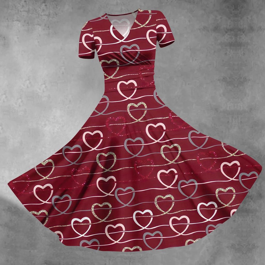 Women's Princess Dress Sexy V-neck Valentine's Day Print Waist Pull Pleated Short Sleeve Dress