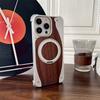 Walnut Wood Aluminum Metal Borderless Magnetic Phone Case For iPhone 15 16 Pro Max 360° Rotate Bracket Magsafe Shockproof Cover