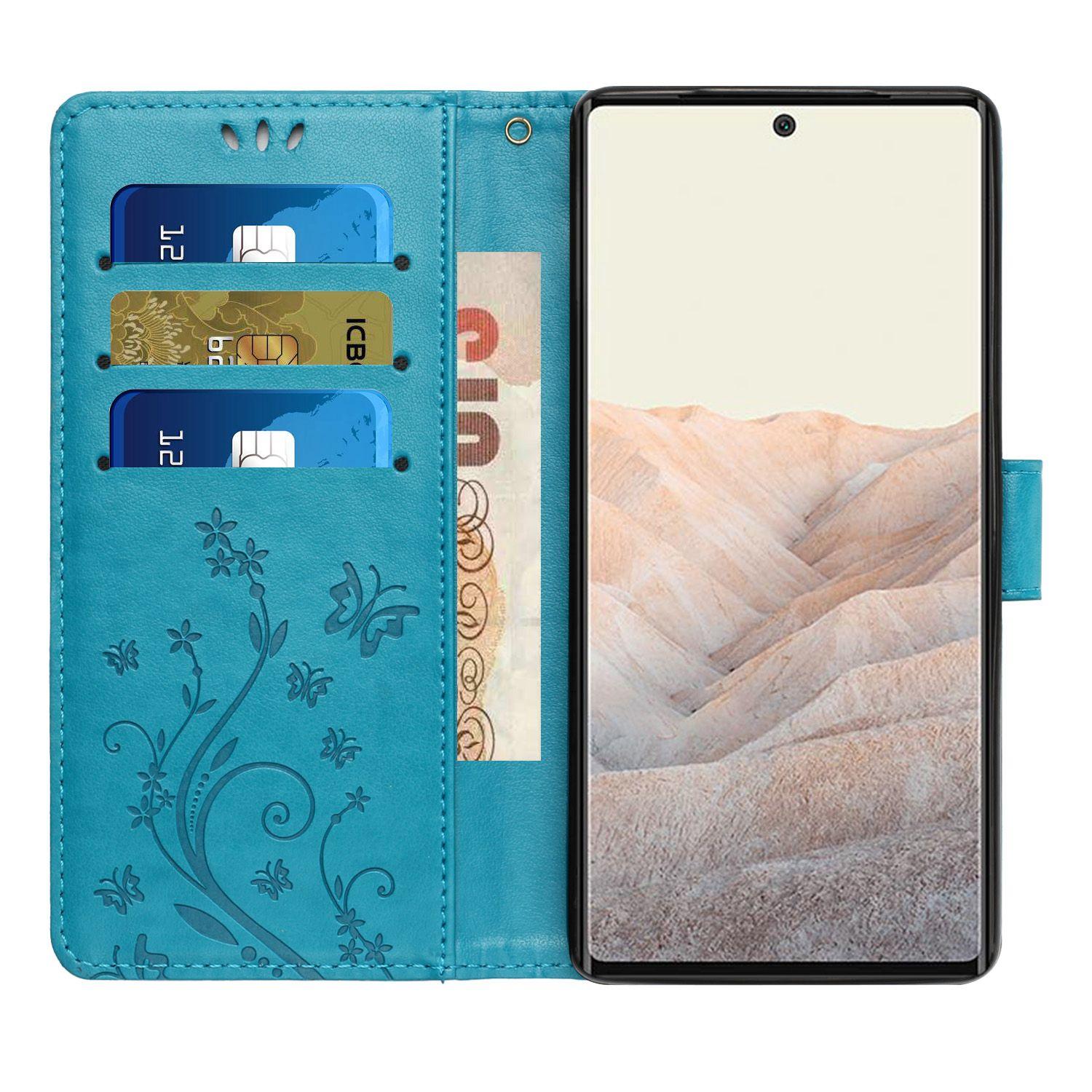 

For Google Pixel 6a Drop-proof Phone Case Imprinted Butterflies PU Leather Mobile Phone Wallet Cover Stand Phone Shell Blue