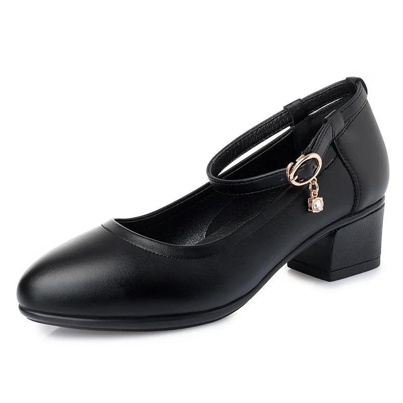 

4.5cm Comfortable Shallow Mouth Soft Leather Shoes Women s Platform Pumps 2025 Fall Med Block Heels Shoes for Office Work Mom 35 чорний