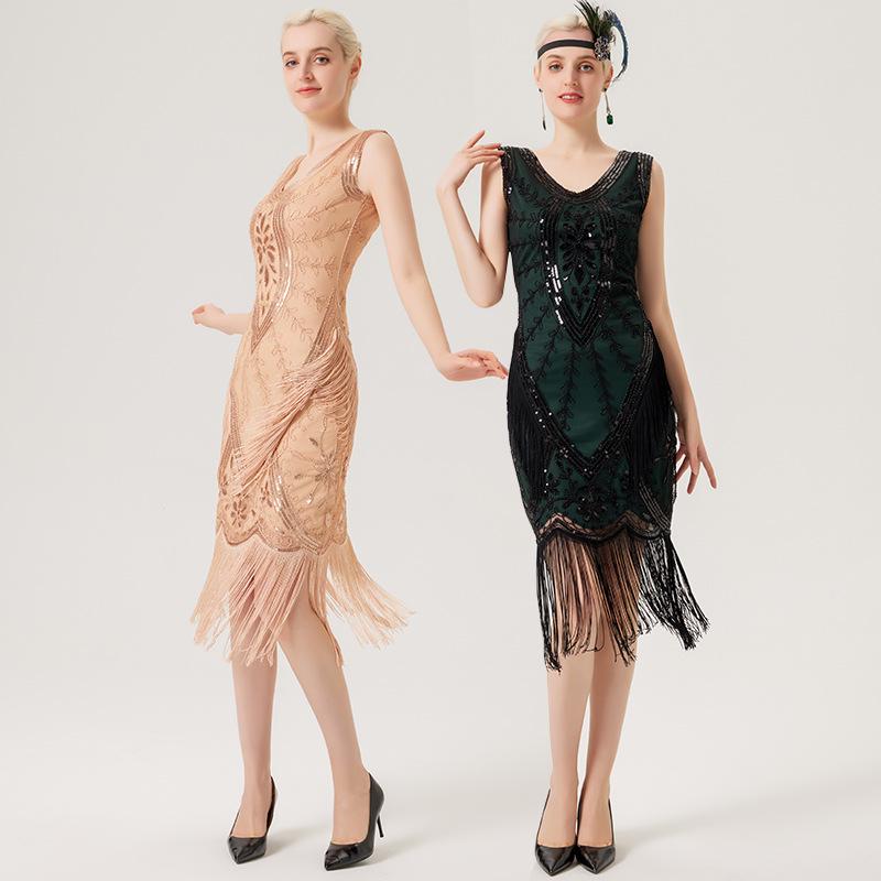 1920s Retro Sequin Tassel Plus Size Black Dress, V-Neck Party/Banquet Wear