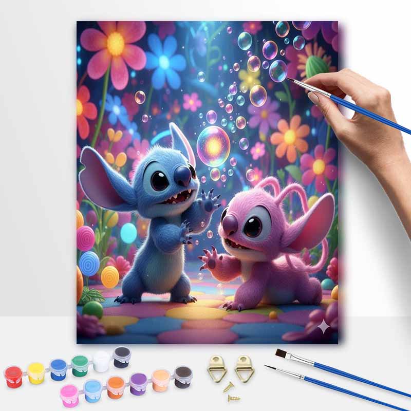 Disney Stitch Angel Bubble Painting Kit Home Wall Decor Handmade Gift Lilo Blue Pink Floral Cartoon Art Hobby Craft Canvas DIY Decor