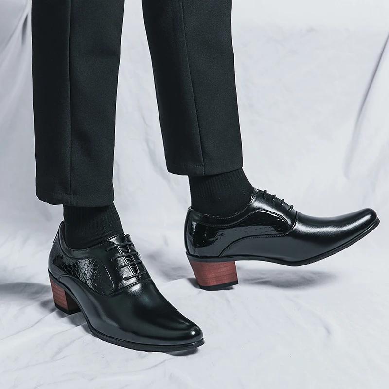 New Male Lace-Up Oxfords Shoes 2026 Leather High Heels Men Club Shoes Classic Pointed Toe Male Casual Shoes New Arrival Men Shoe