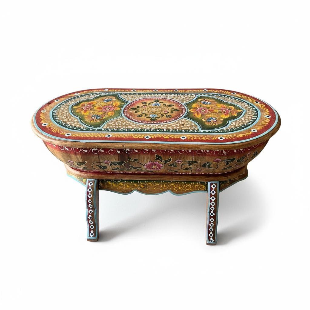 Wooden Oval Wooden Table  Painted Floral Design | Hand-Painted Decorative Coffee Table | Indian Traditional Art Decor Furniture, Drum Table