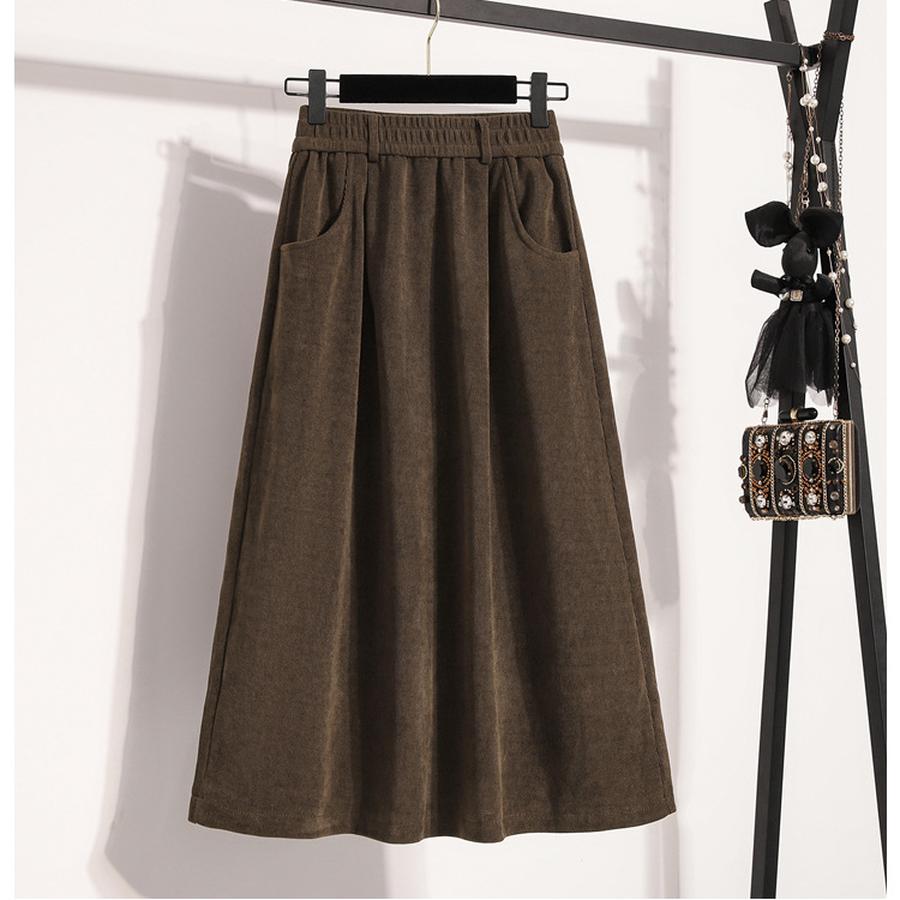 Autumn New Style Corduroy Midi A-Line Skirt for Women, High-Waisted, Slimming, Elastic Waist, Pleated Dress