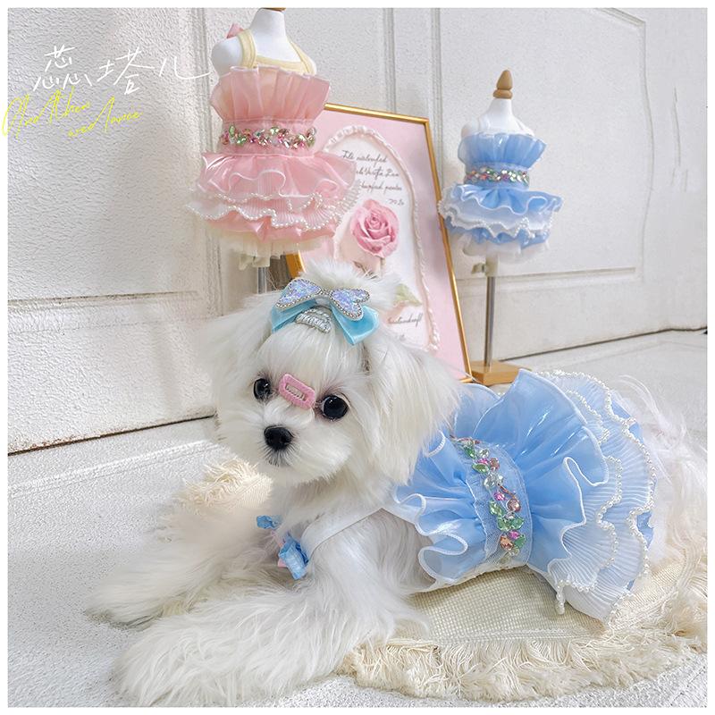 Puppy Dog Summer Skirt Clothing Pink Blue Simple Crystal Lace Sling Dresses For Small Medium Dog Chihuahua Pet Dog Clothes XXS-L