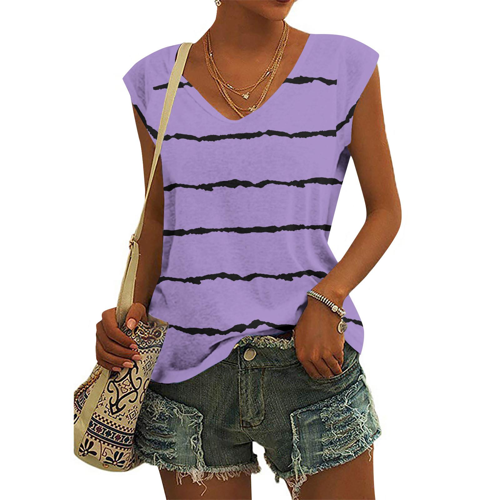 

Женские модные повседневные топы с принтом, рубашки без рукавов, пуловеры с V-образным вырезом, футболки M фиолетовый