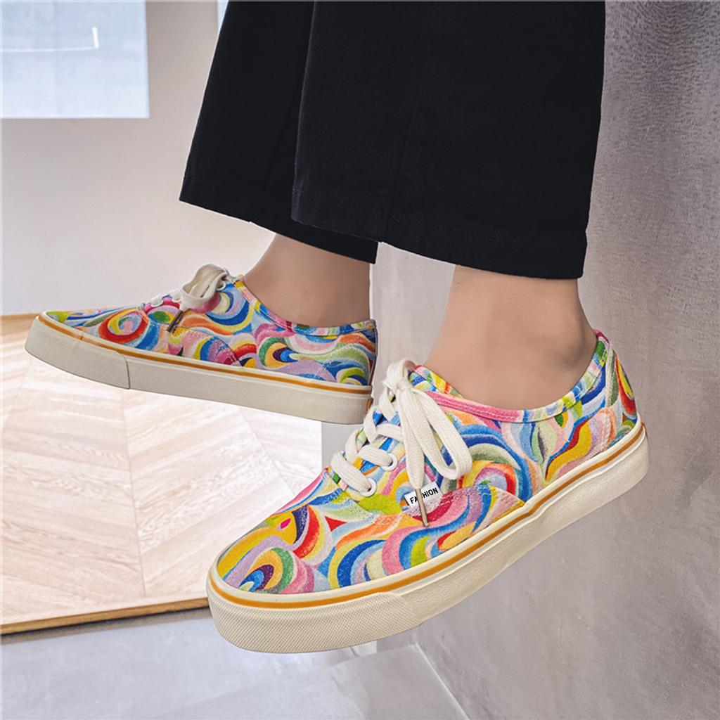 New Ins Korean Version of Canvas Shoes Couple Shoes College Style Rainbow Canvas Shoes Women's Low-top Casual Men's Board Shoes