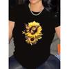 Lightweight Black T-Shirt Featuring A Sunflower and Butterfly Design, Ideal for Casual Outings At Home, Cafes, or Outdoors,