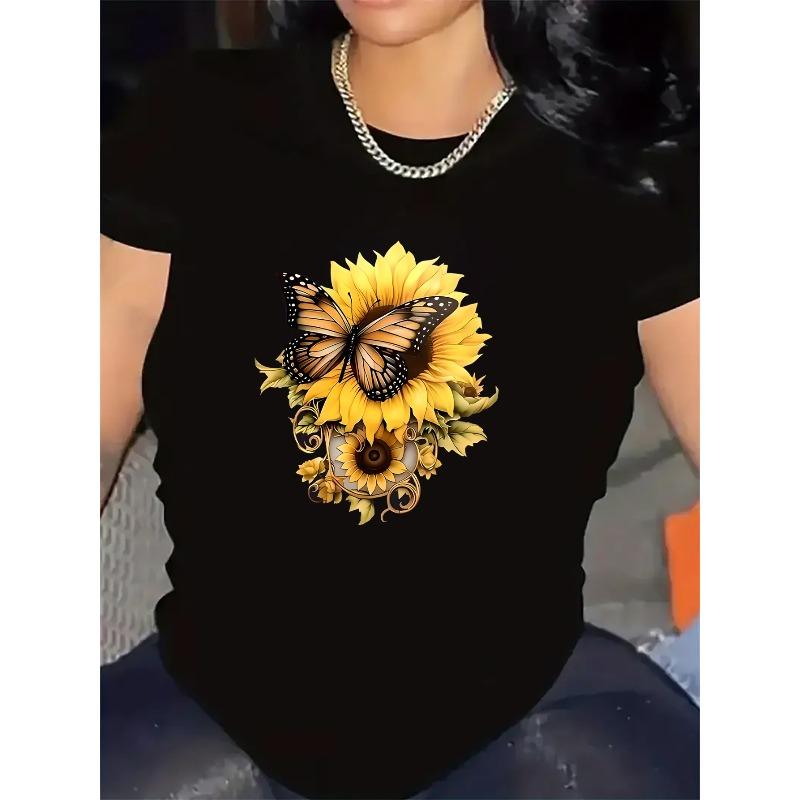 Lightweight Black T-Shirt Featuring A Sunflower and Butterfly Design, Ideal for Casual Outings At Home, Cafes, or Outdoors,