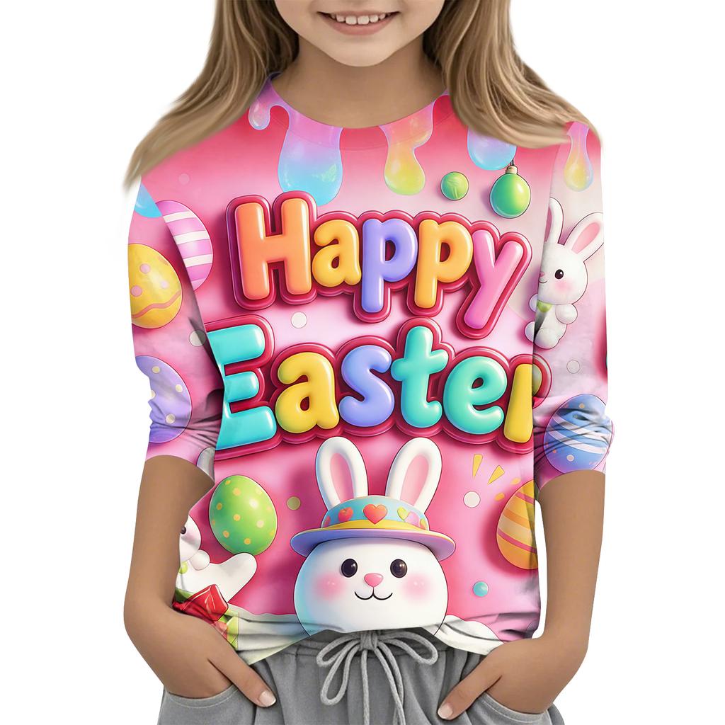 Children's Seven Quarter Sleeve Easter Print Round Neck Print Casual Top