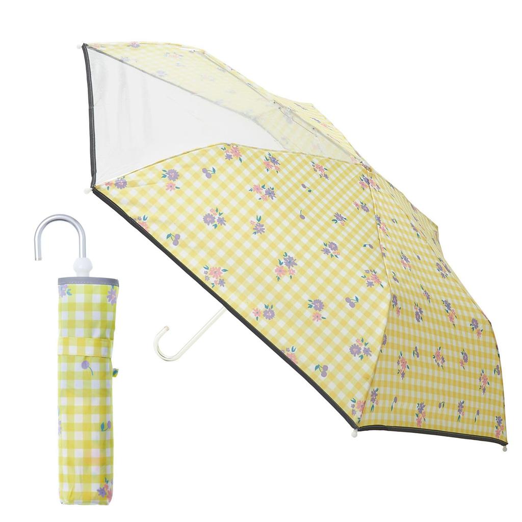 Estaa Folding Umbrella with Clear Checkered and Floral Reflective 55cm Yellow Kids' Window, Windproof, Design, Tape, Finger-Pinch Resistant, Ribs,