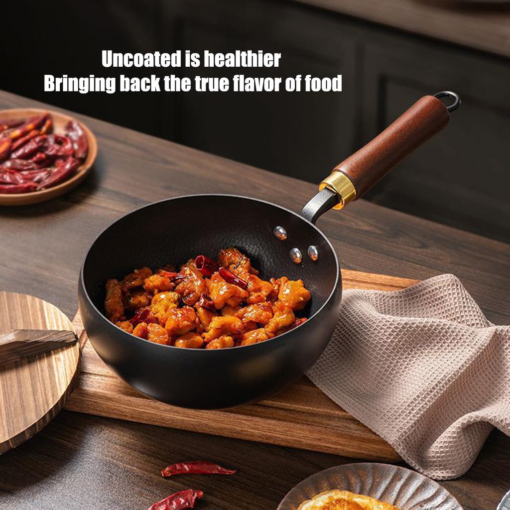 Traditional Cast Iron Wok With Wooden Handle Deep Belly Pot For Stir-Fry Stew Artisan Crafted Cookware Wooden Lid