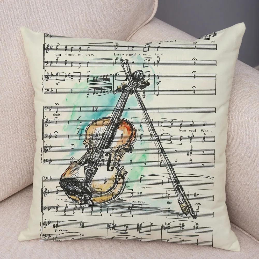 Vintage Music Note Pillowcase Decor Guitar Microphone Violin Printed Pillow Case for Home Sofa Soft Plush Cushion Cover 45x45cm