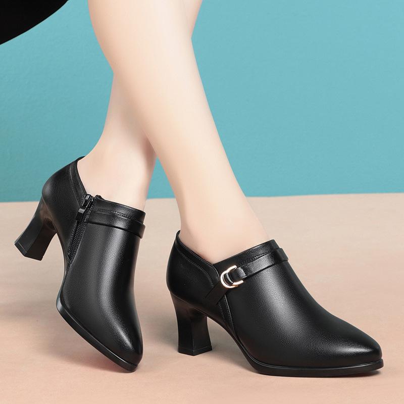 Dicker Absatz Einzelne Schuhe Damen Weiche Sohle 2024 Frühling Neu Hoher Absatz Spitzleder Schuhe Weiches Leder Tiefer Ausschnitt Mutterschuhe
