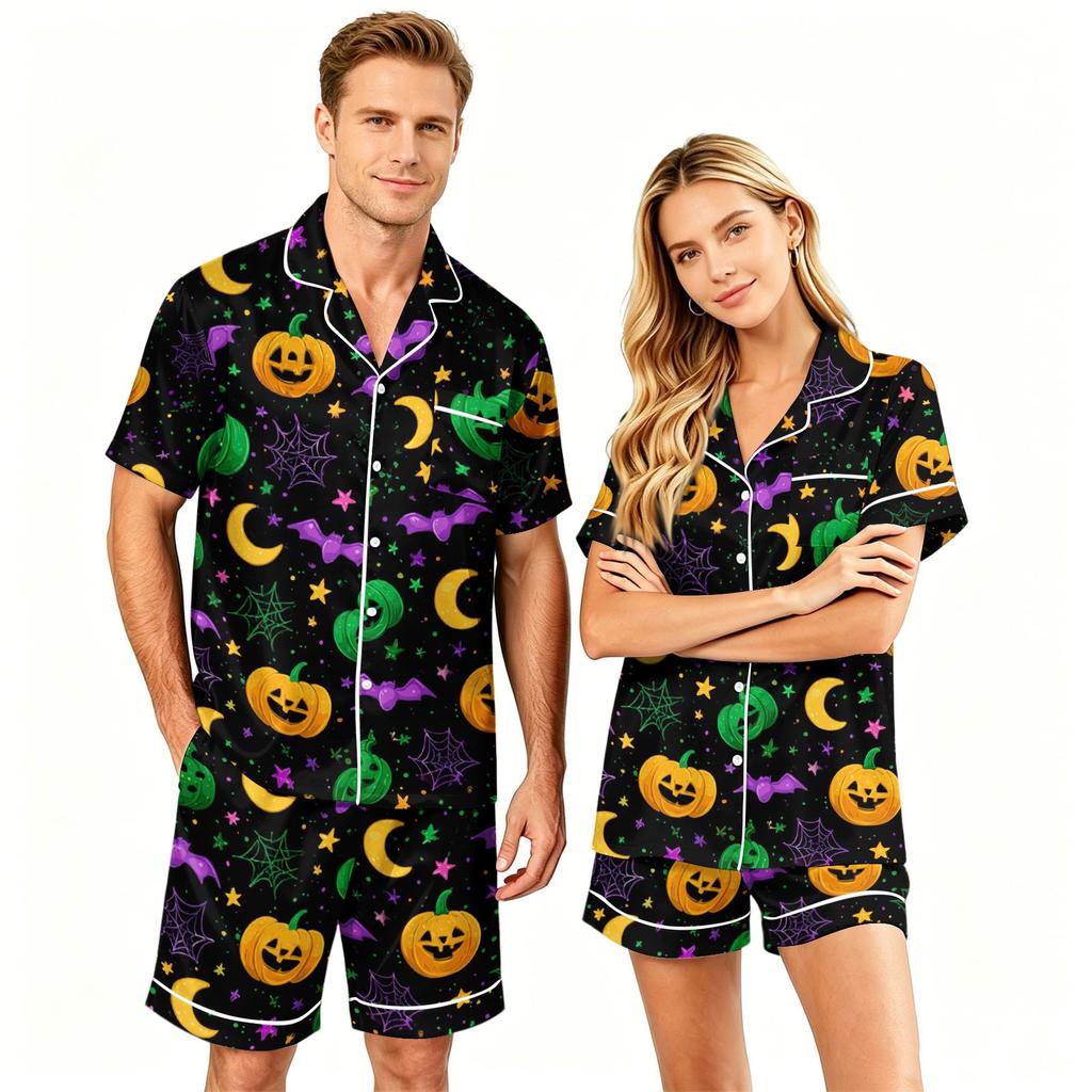 Couple Matching Halloween Pajama Set Short Sleeve Button Down Shirt and Shorts Soft Casual Sleepwear S To XXXXL