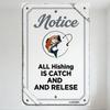 Vintage Fishing Notice Tin Sign - Rectangular White Metal Sign with Gray Border & Rivets, Orange Fish Logo, 'Catch and Release'