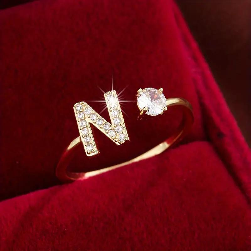 26 English Letter Micro-set Zircon Fashion Women's Ring, Copper-plated 14K Open Plain Ring