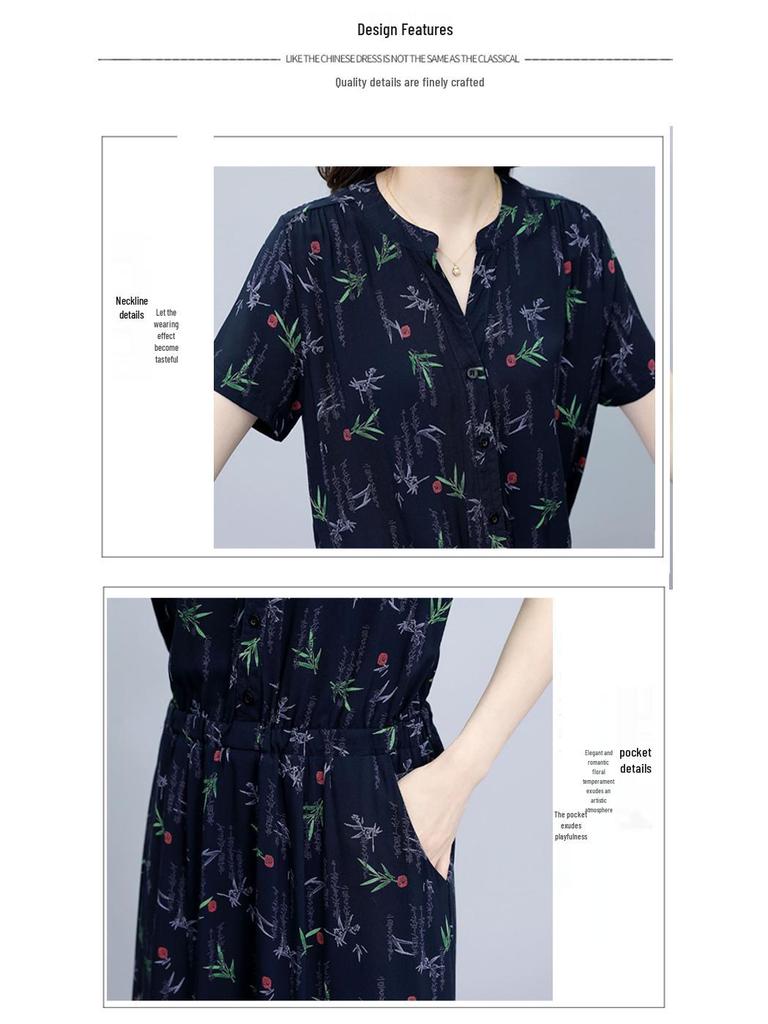 2025 Summer Collection: Floral V-Neck Cotton and Rayon Dress - Waist-cinching, Slimming, Age-Reducing Long Dress for Women