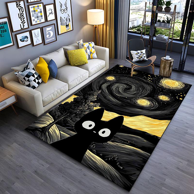 Starry Night Black Cat Carpet Suitable As a Non-slip Mat for the Living Room or Bedroom Sofa