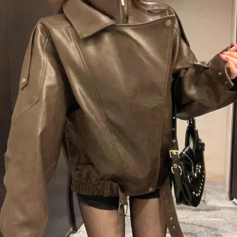 European retro leather jacket women's early autumn new design pu jacket locomotive jacket top
