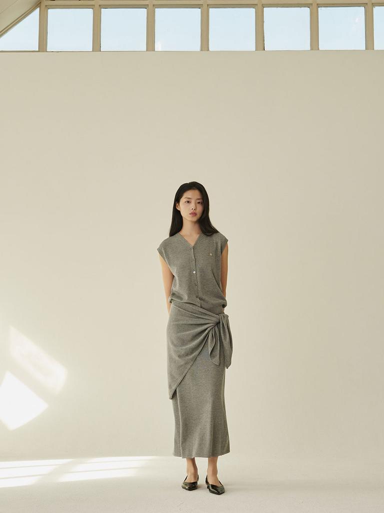 NOUVE [Set] Linen Sleeveless Cardigan + Skirt + Shawl - Melange Gray
