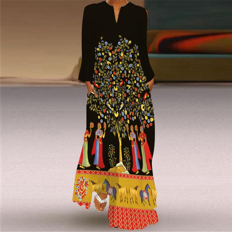 2024 Damen-Maxikleid mit Retro-Schmetterlingsdruck, V-Ausschnitt, langen Ärmeln und Tasche