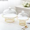 Golden Wrought Iron Cake Plate with Glass Cover Cake Dessert Table Decoration Display Tray with Cover White Ceramic Plate