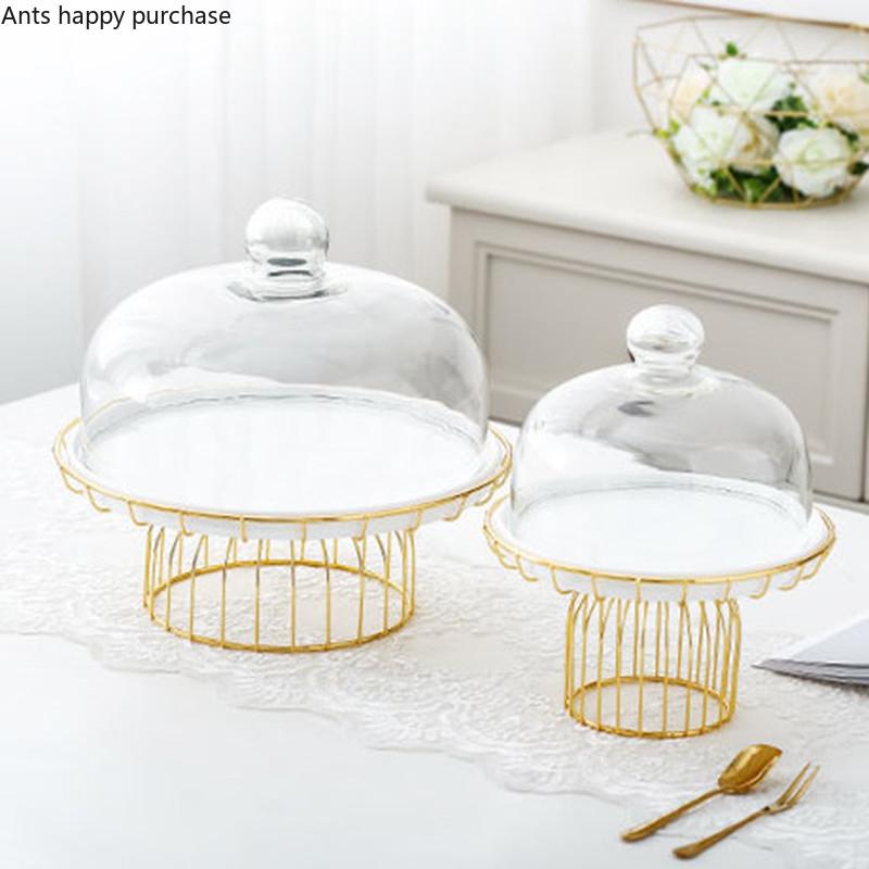 Golden Wrought Iron Cake Plate with Glass Cover Cake Dessert Table Decoration Display Tray with Cover White Ceramic Plate