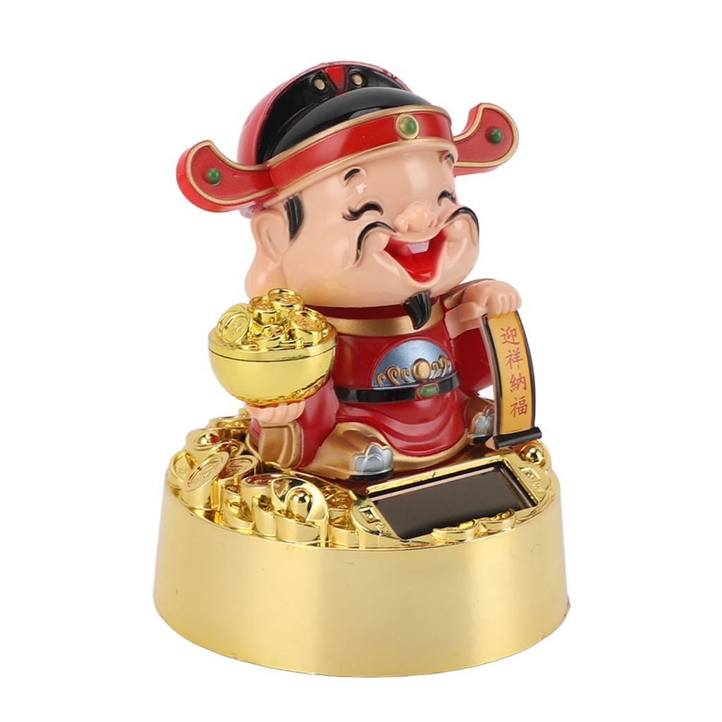 God of Wealth Figurine Solar Powered Automatic Nodding Durable Cai Shen Statue Decor for Home Car
