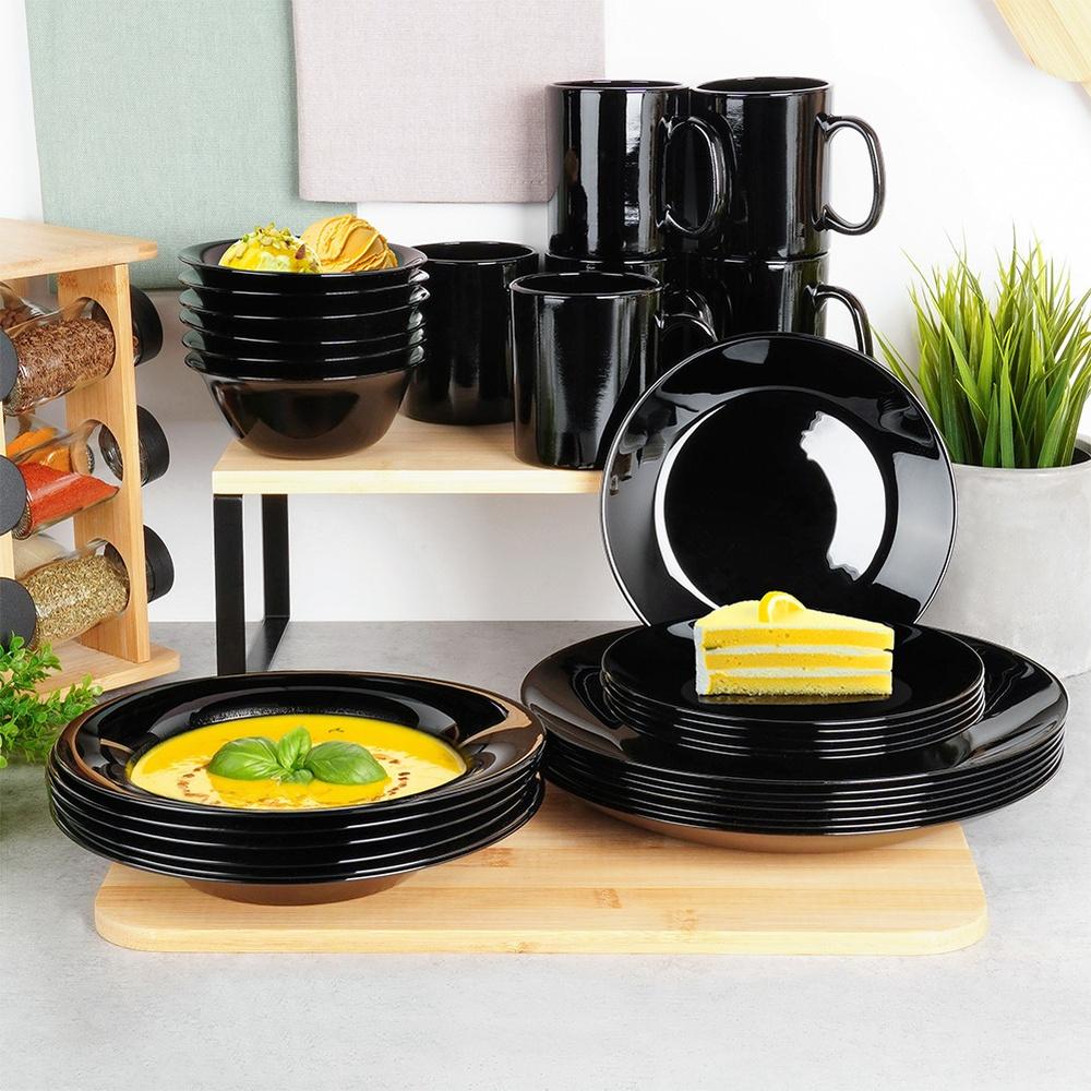 Black Glass Dinner Service Set, 30 Pieces.