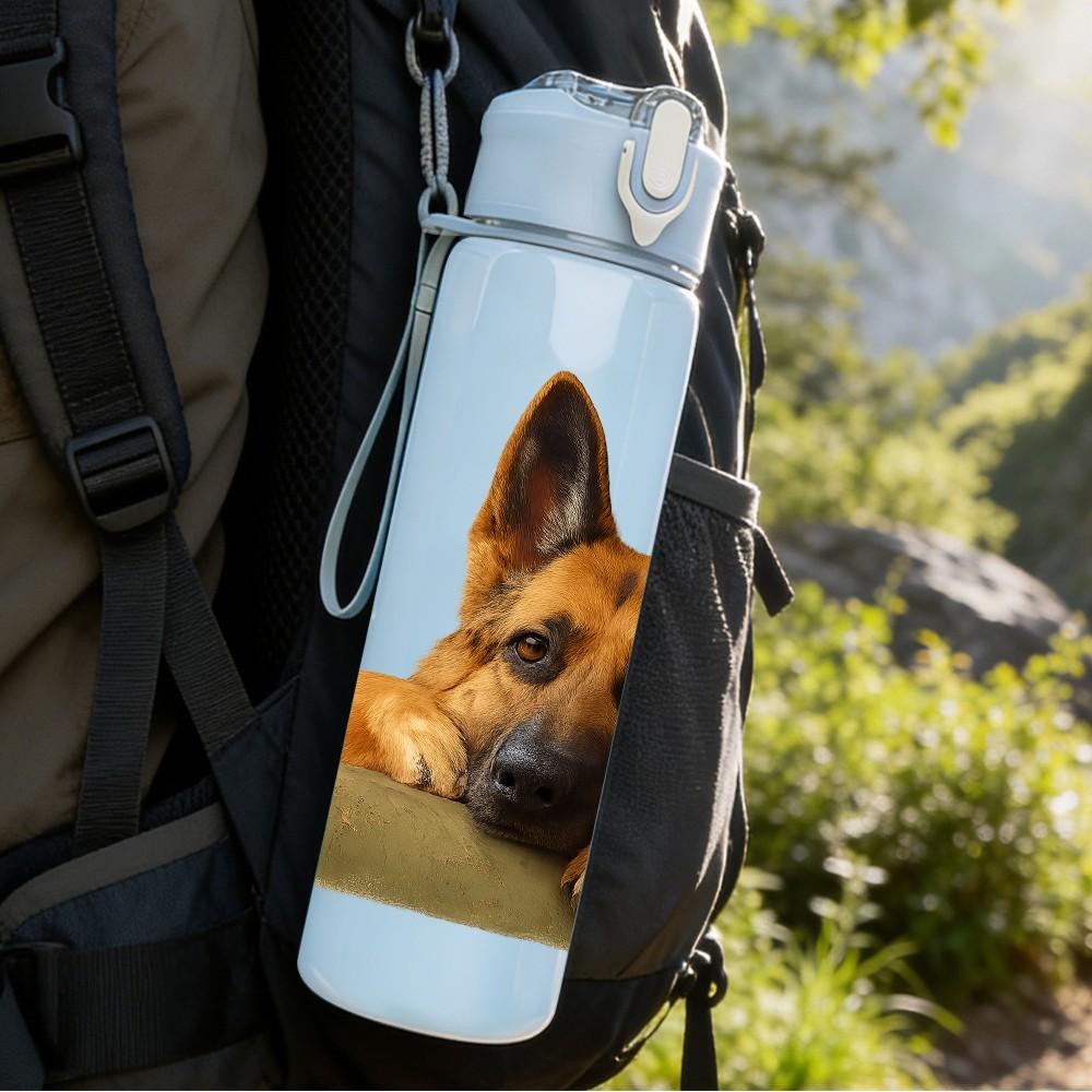 1PC German Shepherd Sit Pose 750ml Color Plastic Sports Water Bottle Leakproof Flip Straw Lid Suitable for Sports Office Home Use